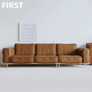 Mid century Bauhaus style Leather Sofa with Stainless Steel Frame Ideal for Office and Business Reception Areas