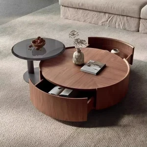 Mid century Modern Walnut Bark Wood Frame Round Coffee Table Modern Simple Living Room Storage Coffee Table