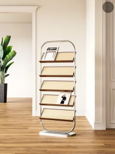 Mid century Stainless Steel Customizable Half Circle Multi tier Floor standing Book Newspaper Rack Magazine Organizer Small