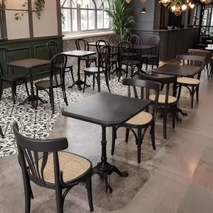 Midcentury Luxury Commercial Cafe Shop Solid Wood Rattan Furniture Set Bakery Store Easy Clean Dining Marble Table and Chairs