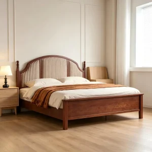 Midcentury Modern Traditional Upholstered Ash Wood Twin Bed Frame Mahogany Fabric Soft Bed Striped Headboard Storage Side Hotel