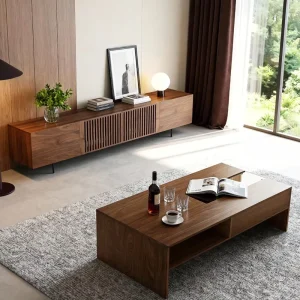 Midcentury Walnut Coffee Table with Push to Open Doors Wooden Center Table with Hidden Storage for Living Room