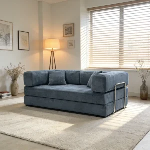 Midnight Blue Thickened Striped Corduroy Upholstered Modular Sofa Silver Slim Frame Moisture wicking Rooftop Lounge Soft School