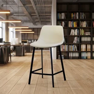 Minimal Luxury PU Accent Stool Ergonomic Back Tapered Black Metal Leg Industrial High Chair for Salon Cafe Lounge Barbershop