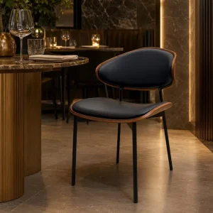 Minimal Modern Dining Chair Black PU Leather Faux Wood Curved Back Metal Legs for Apartment Cafe Restaurant OEM ODM Bulk