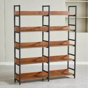 Minimalist 5 Tier Industrial Wood Iron Bookshelf 4 Hooks Modern Vintage Storage Rack Rustic Standing Bookshelves Living Room