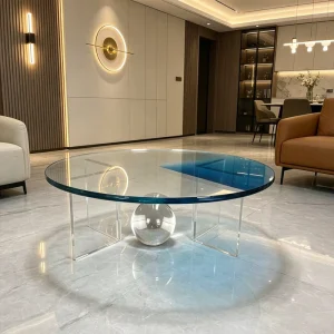 Minimalist Acrylic Coffee Table Blue Transparent Round Acrylic Table for Contemporary Living Room