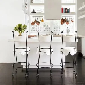 Minimalist Artistic Black Upholstered Bar Stool with Scalloped Trim and Metal Legs