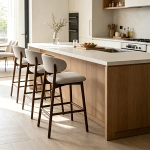 Minimalist Bar Stool with Fabric Seat and Backrest Solid Wood Frame Perfect for Kitchen Islands Home Bars and Commercial Venues
