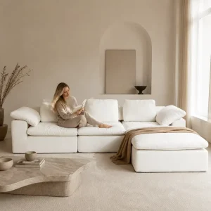 Minimalist Beige Modular Sectional Sofa Set 3 Seater L Shape Tufted Sofa for Apartment Hotel Living Rooms Comfortable White