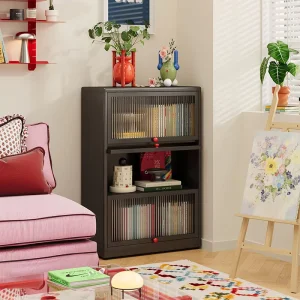 Minimalist Black Metal Bookshelf with Flip Door for Study