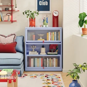 Minimalist Blue Steel Bookshelf with Flip Door Design for Modern Home