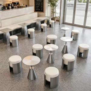 Minimalist Commercial Coffee Shop Stainless Steel Round Table and Stool Set Furniture for Milk Tea Shop Dessert Store