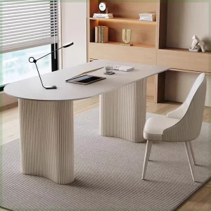 Minimalist Cream Marble Computer Desk with Pure White Finish Nordic Modern Design for Small Spaces Home Office Use