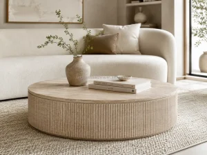 Minimalist Design Stone Furniture Round Fluted Beige Travertine Coffee Table Solid Natural Travertine Drum Center Table