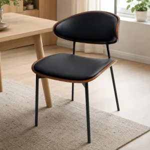 Minimalist Dining Room Chairs PU Leather Upholstered Seat Faux Wood Veneer Shell Metal Legs for Cafe Hotel OEM ODM Bulk