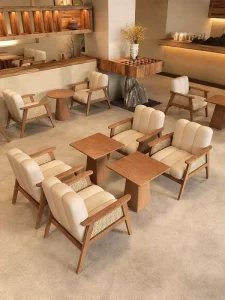 Minimalist Eco Friendly Leather Wood Sofa and Dining Table Set for Cafe Milk Tea Shop Cake Shop Book Bar