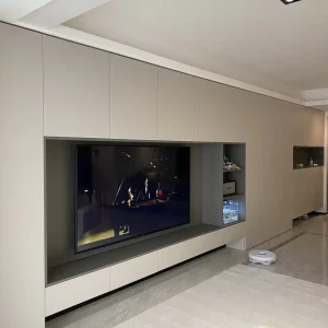 Minimalist Floating TV Console with Soundbar Shelf Hidden Storage and LED Strip for Contemporary Apartment Furniture