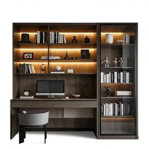 Minimalist Full Wall Bookshelf Glass Doors LED Lights Open Shelves Drawers For Home Office Study