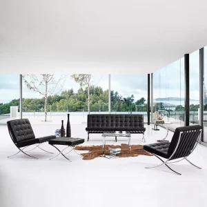 Minimalist Furniture Set Tuft Grid Black Leather 2-Seat Bench Curved Metal Frame Small Apartment Hotel Guest Lounge Cafe