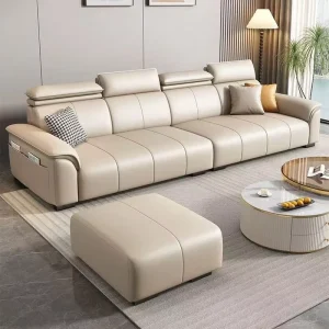 Minimalist Genuine Leather Sofa for Modern Living Room with Adjustable Headrest and Ergonomic Comfort Design