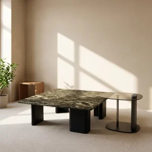 Minimalist Geometric Nesting Coffee Table Set 2 Piece Square Over Rectangular Black MDF