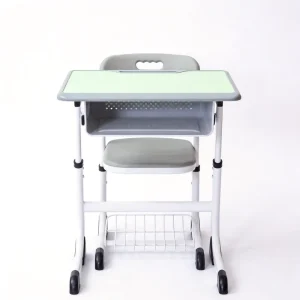 Minimalist Gray Green Student Desk and Chair Set with Height Adjustment for University Classrooms Storage Lockers