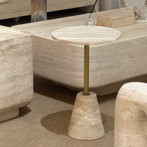 Minimalist Home Decor Marble Side Table Cocktail Small Table Beige Travertine With Gold Metal Base