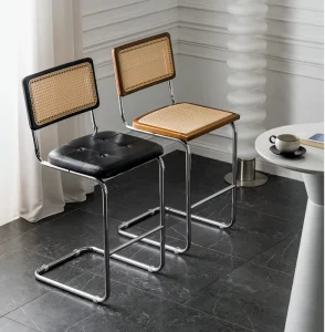 Minimalist Home Durable Stainless Steel Bar Stool Designer Retro Style High Back with Upholstered Leather