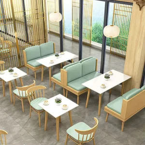 Minimalist Light Green Leather Wood Restaurant Dining Chair and Bench Sofa Set for Hotel Coffee Shop Commercial Furniture