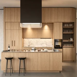 Minimalist Light Oak Wood Kitchen Cabinets Custom Luxury Kitchen Island Storage Furniture With Bar Stools