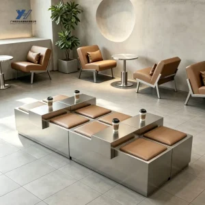 Minimalist Metal Modular Waiting Bench Wabi Sabi Cafe Booth Sofa with Leather Cushion for Restaurant Dining Tables and Chairs