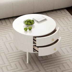 Minimalist Modern Cream-toned Metal Double-tier Coffee Table Stone Slab Top Two Drawers