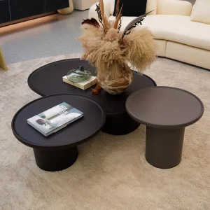 Minimalist Modern Design Contemporary Brown Black MDF Wooden 3 Pieces Tea Coffee Set Round Wood Coffee Table