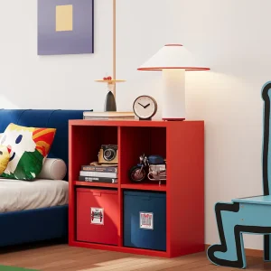 Minimalist Red Metal TV Stand Cabinet with Open Grid Storage for Living Room