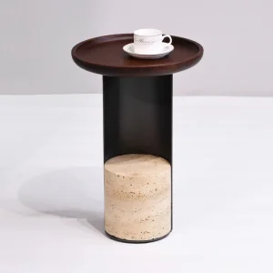 Minimalist Round End Table Solid Wood Tray Tabletop Beige Travertine Base Sleek Metal Column Side Table for Bedside Home Office