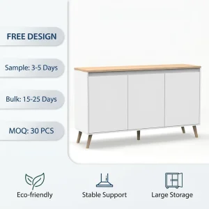 Minimalist Scandinavian 3-Door Sideboard Nordic White Buffet Cabinet with Handleless Design and Tapered Wooden Legs