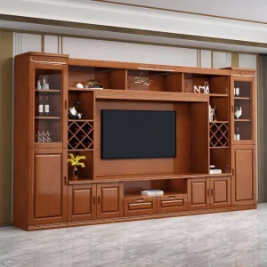 Minimalist Solid Wood Carved TV Wall Cabinet Wine Rack Built in Entertainment Center Glass Doors Drawers for Living Room Hotel