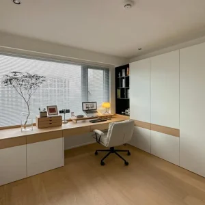 Minimalist Solid Wood Computer Desk Book Combo Custom Depth Open Display Shelves for Freelancer Home Studio Bedroom