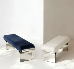 Minimalist Stainless Steel Fabric Long Shoe changing Bench and End Table at the Bed Side