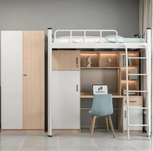 Minimalist Steel Furniture School Adult Double Metal Bunk Bed with Wardrobe