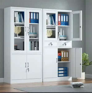 Minimalist Steel Office File Cabinet with Thickened Design Lock Drawers Fireproof Features Glass Door for Document Storage