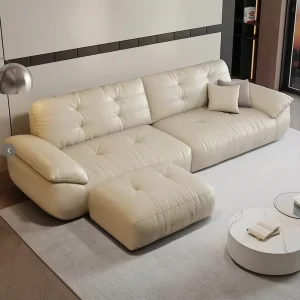 Minimalist Tufted Fabric Cloud Sofa Set Soft Wide Armrest Straight Sofa with Footstool Sponge Filled Apartment Furniture L Shape