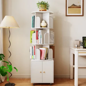 Minimalist White 360° Rotating Corner Bookshelf for Living Room Movable Storage with Shelves for Students