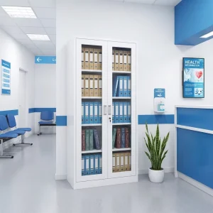 Minimalist White Metal Bookcase Glass Door Display Cabinet for Home Office Library