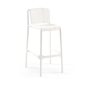 Minimalist White Plastic Bar Stool Ventilated Slatted Seat & Back Stackable Bar Chair for Commercial Cafe Outdoor Balcony Pub