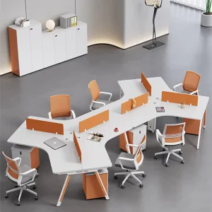 Minimalist White and Orange Two-tone Uniquely-shaped Multi-person Office Desk Partition Workstations