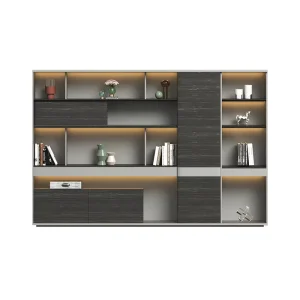 Minimalist Wood Grain Office Book Cabinet Built-in LED Lighting Drawer Storage Multi-grid Display Rack Company Office Furniture
