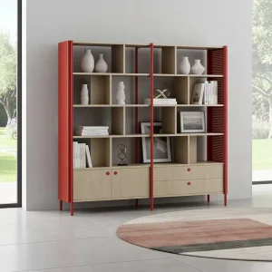 Minimalist Wood Storage Cabinet with Red Metal Frame and Drawers for Executive Office