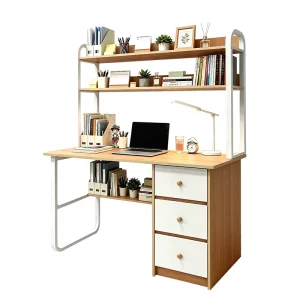 Minimalist Wooden Desk with Bookshelf and Drawer Storage System for Study Room Office